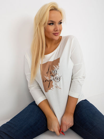 Ecru bluzka plus size z nadrukiem i rękawem 3/4
