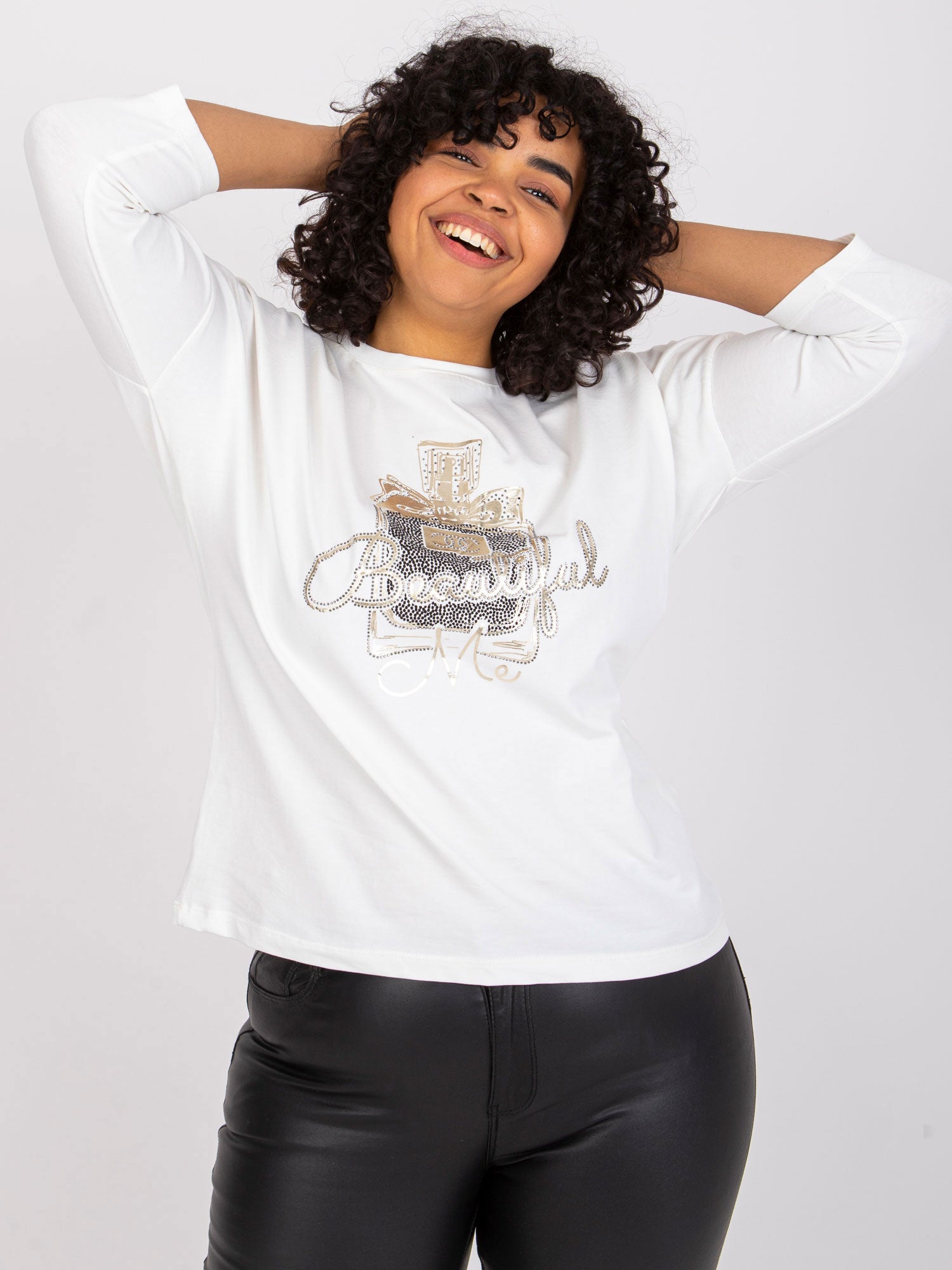 Ecru bawełniana bluzka plus size z printem