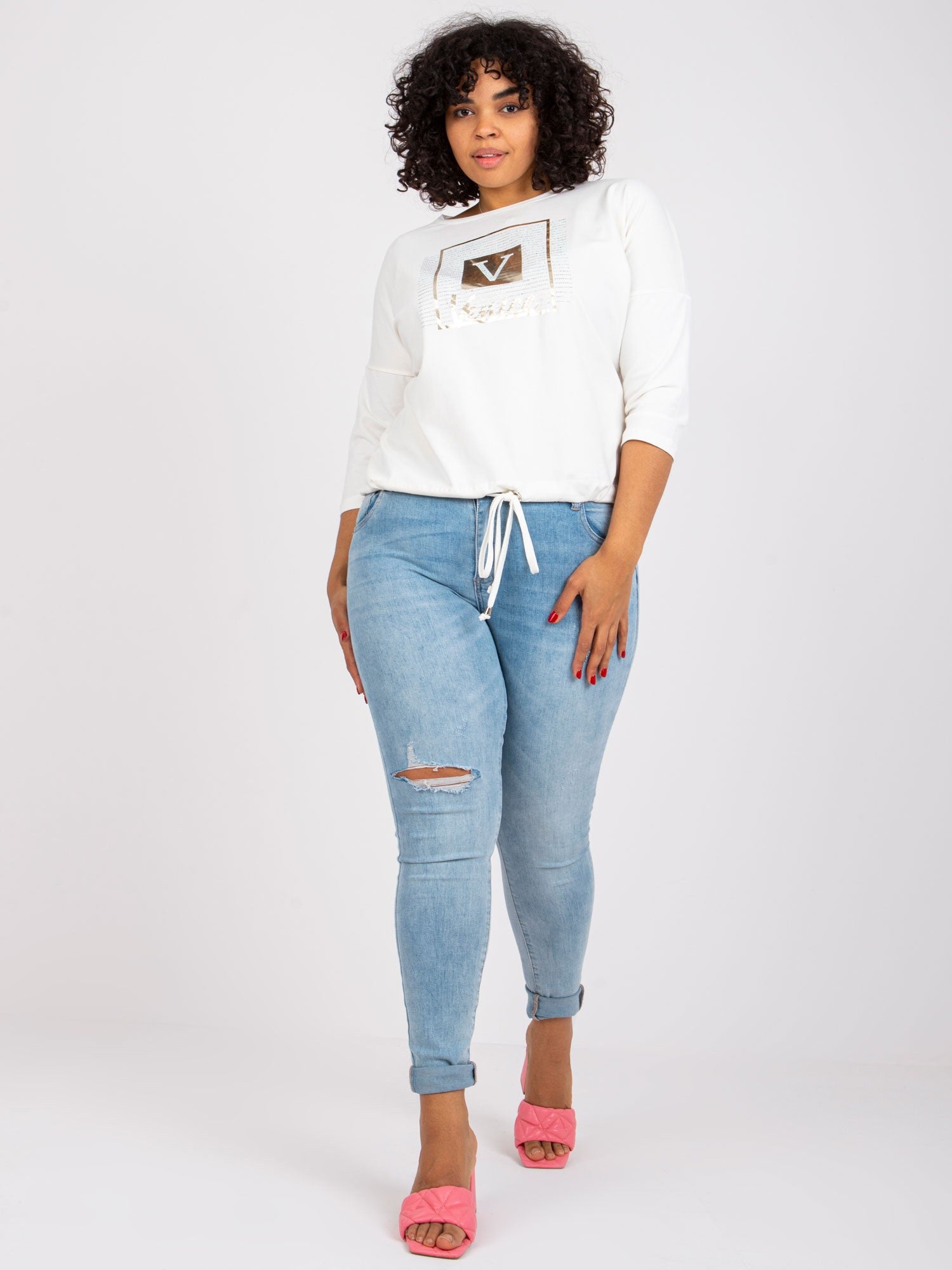 Ecru bluzka plus size z nadrukiem