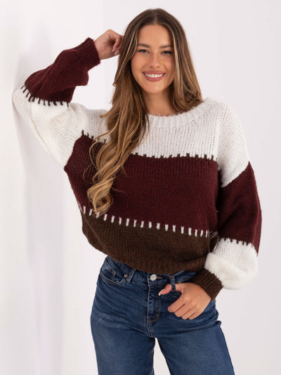 RUE PARIS Ecru-bordowy sweter oversize z wełną