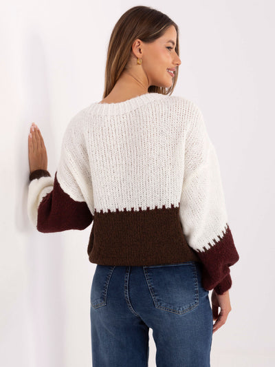 RUE PARIS Ecru-bordowy sweter oversize z wełną