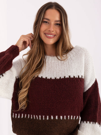 RUE PARIS Ecru-bordowy sweter oversize z wełną