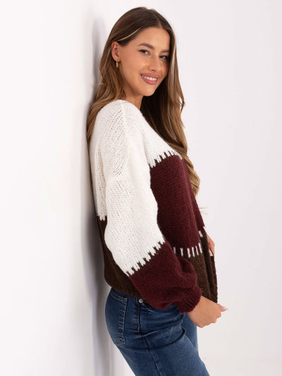 RUE PARIS Ecru-bordowy sweter oversize z wełną