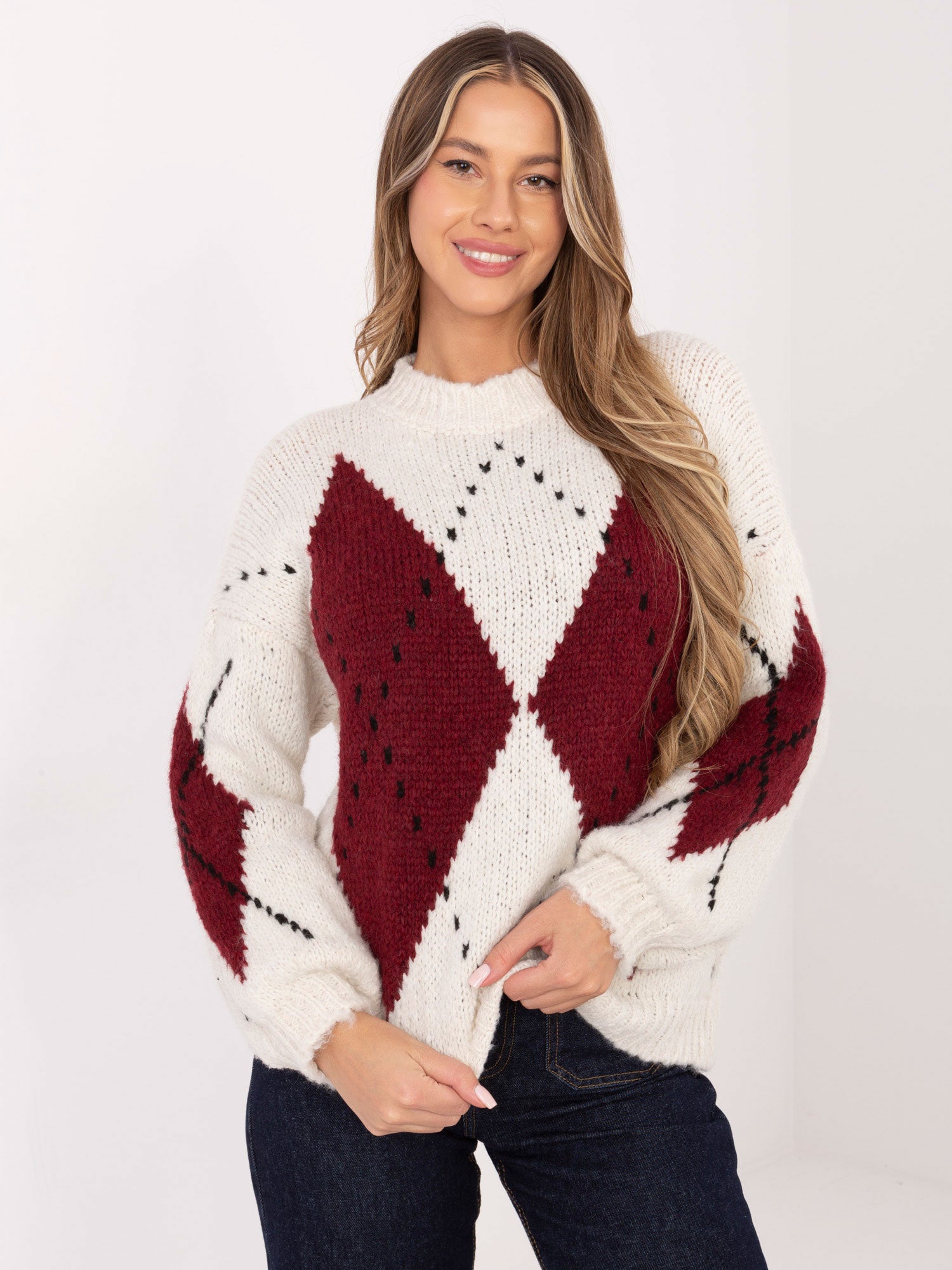 Ecru-bordowy sweter oversize z wełną