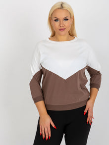 Ecru-brązowa bluzka plus size basic z rękawem 3/4