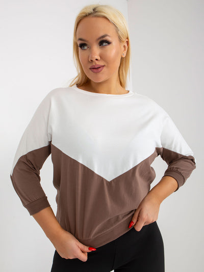 Ecru-brązowa bluzka plus size basic z rękawem 3/4