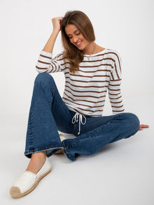Ecru-brązowa bluzka w paski z rękawem 3/4 BASIC FEEL GOOD