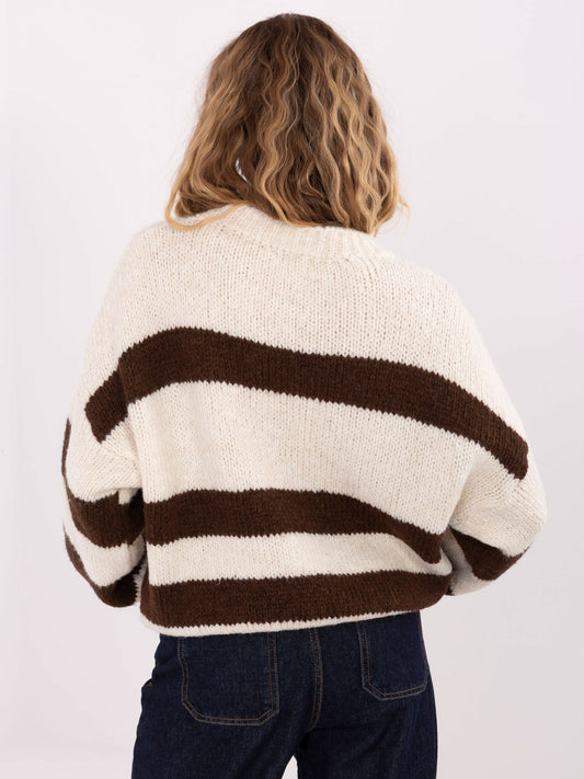 Ecru-brązowy damski sweter oversize w paski