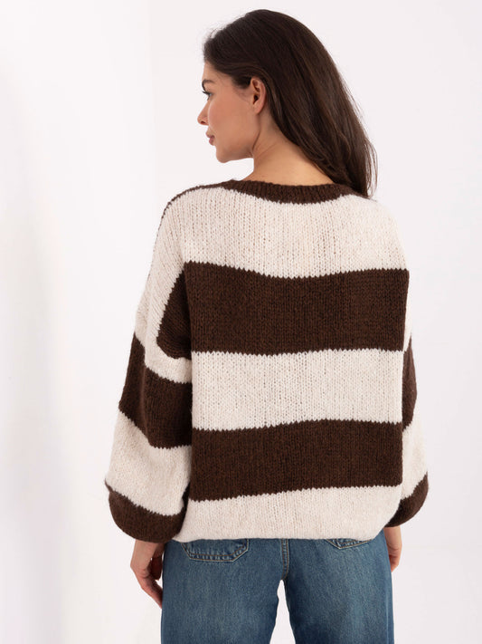 RUE PARIS Ecru-brązowy sweter oversize z wiązaniem