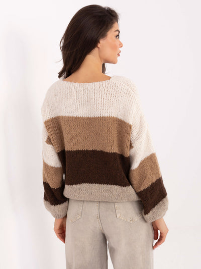 RUE PARIS Ecru-brązowy damski sweter oversize