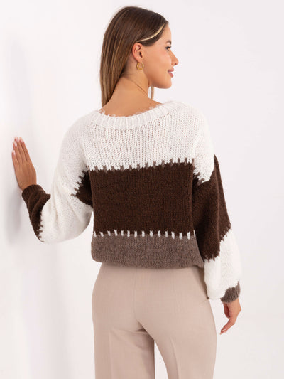 RUE PARIS Ecru-brązowy sweter oversize w paski