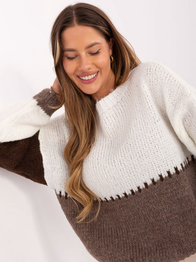 RUE PARIS Ecru-brązowy sweter oversize w paski