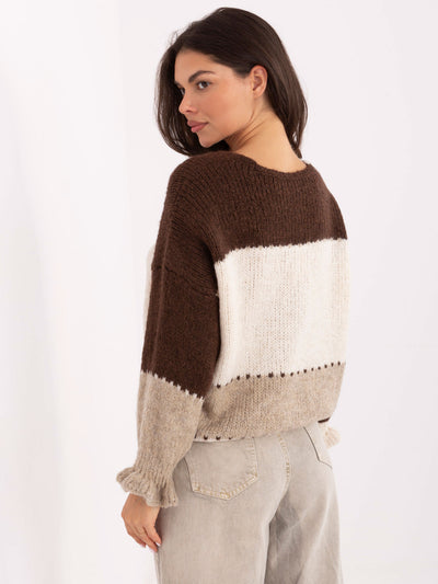RUE PARIS Ecru-brązowy rozpinany sweter oversize
