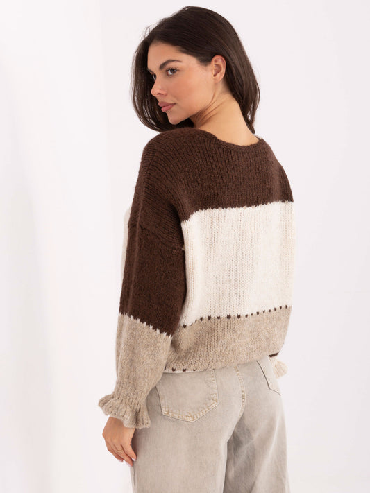 RUE PARIS Ecru-brązowy rozpinany sweter oversize