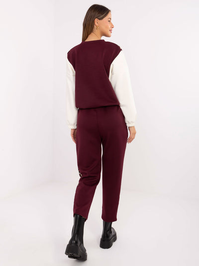 Ecru-burgundowy komplet z bluzą oversize