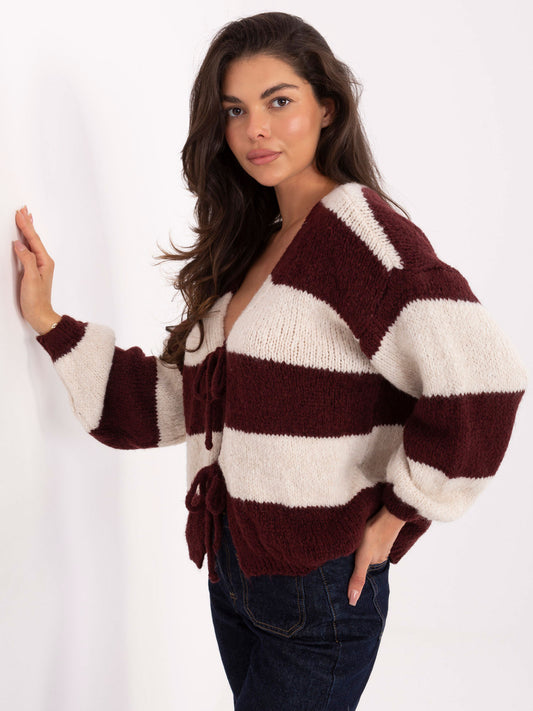 RUE PARIS Ecru-burgundowy sweter oversize w paski