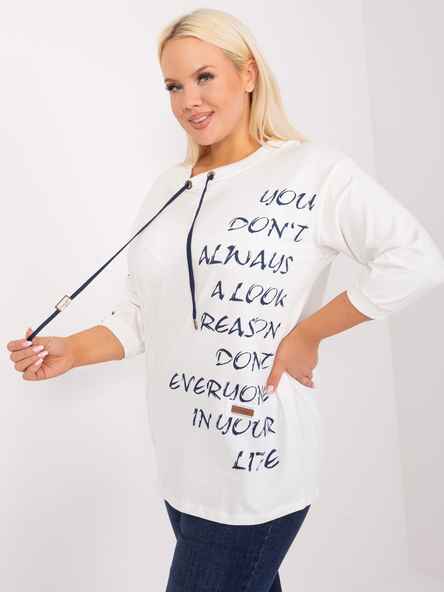 Ecru bawełniana bluzka plus size z napisami
