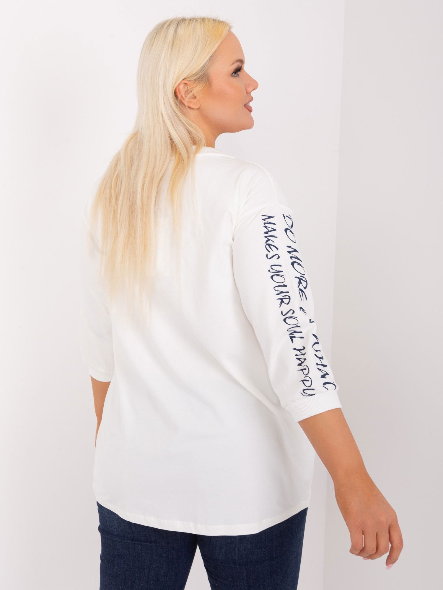 Ecru bawełniana bluzka plus size z napisami