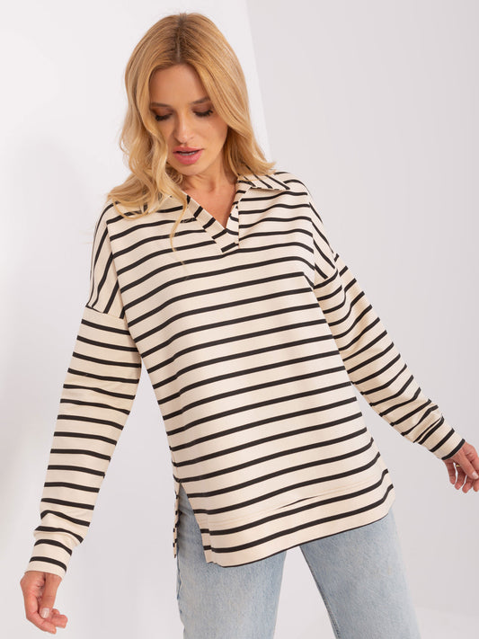 Ecru-czarna bluzka oversize z kołnierzem