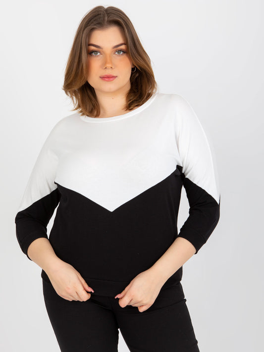 Ecru-czarna bluzka plus size basic z okrągłym dekoltem