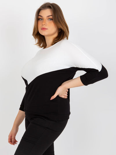 Ecru-czarna bluzka plus size basic z okrągłym dekoltem