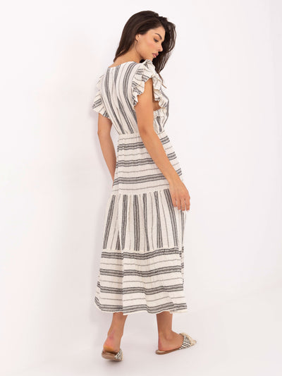 OCH BELLA Ecru-czarna  boho sukienka w paski