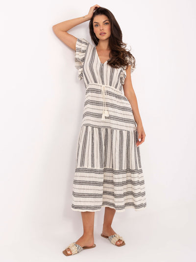 OCH BELLA Ecru-czarna  boho sukienka w paski