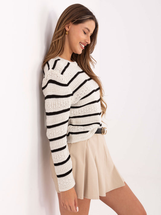 RUE PARIS Ecru-czarny damski sweter w paski