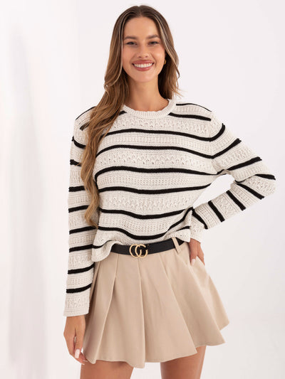 RUE PARIS Ecru-czarny damski sweter w paski