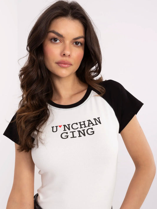 Ecru-czarny damski t-shirt z bawełny