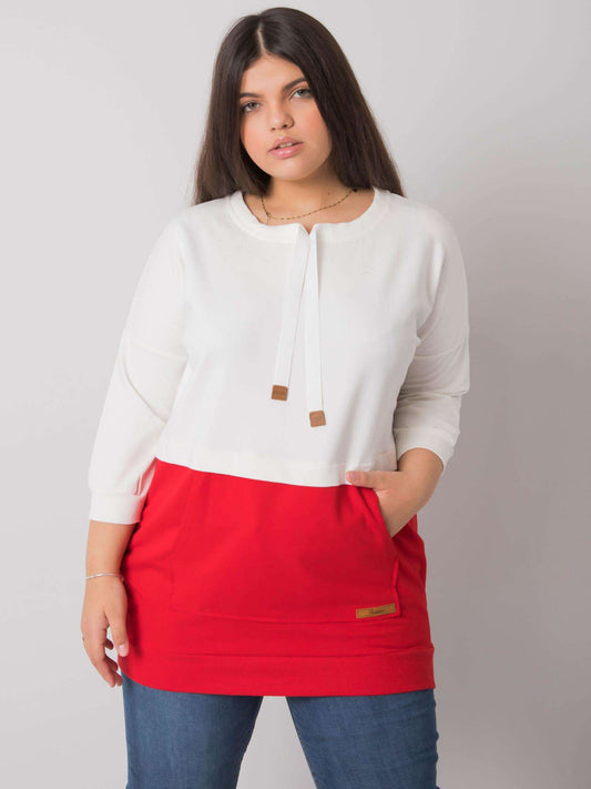Ecru-czerwona bawełniana bluza plus size
