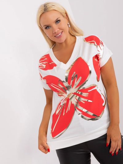 Ecru-czerwona bluzka plus size z dekoltem V