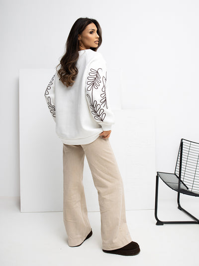 RUE PARIS Ecru dresowa bluza z haftem na rękawach