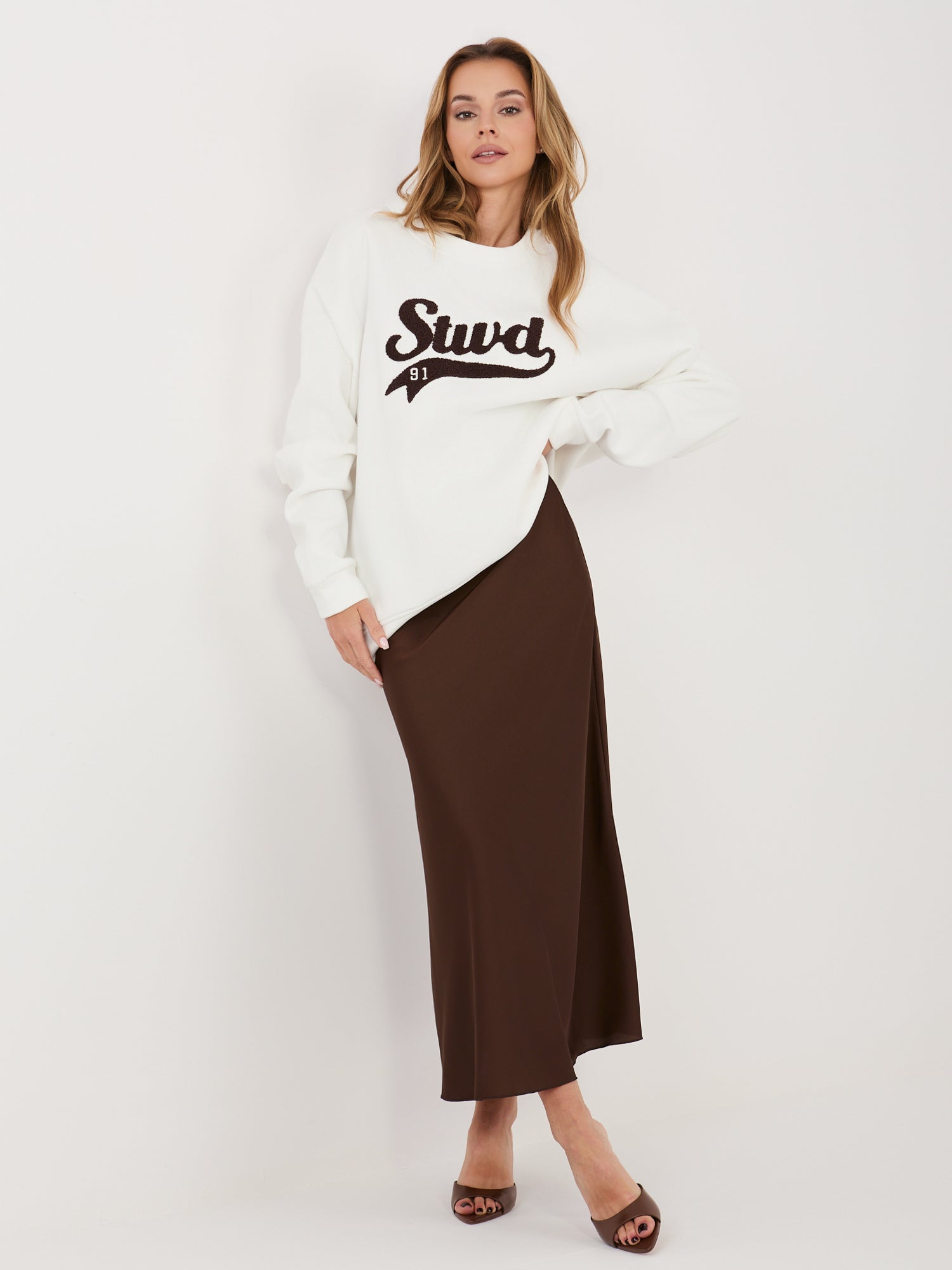 RUE PARIS Ecru damska bluza oversize z ociepleniem