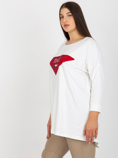 Ecru damska bluzka plus size z aplikacja z dżetów