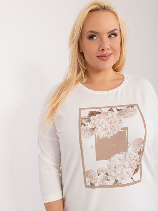 Ecru casualowa bluzka plus size z nadrukiem