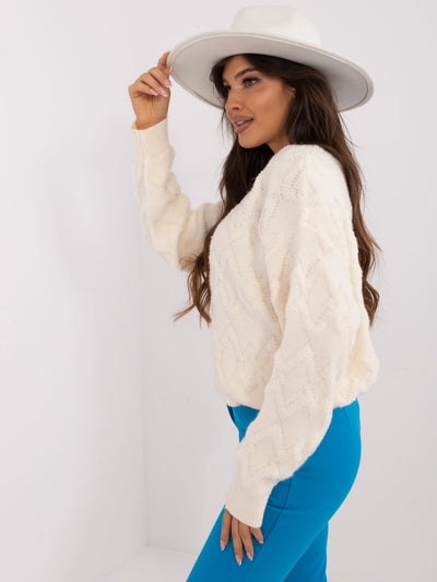 Ecru damski sweter oversize ze ściągaczami