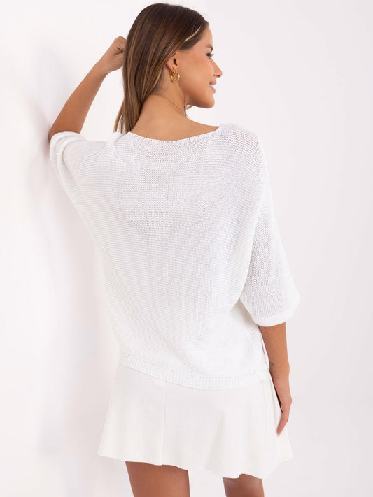 Ecru damski sweter oversize z nadrukiem misia
