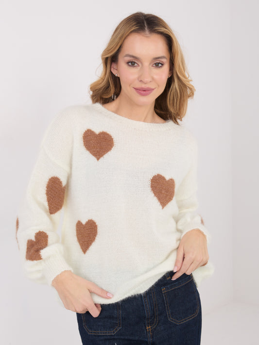 Ecru damski sweter oversize w serca