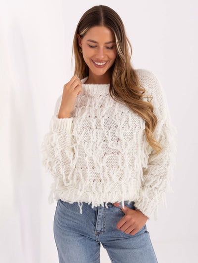 RUE PARIS Ecru damski sweter boho z wełną