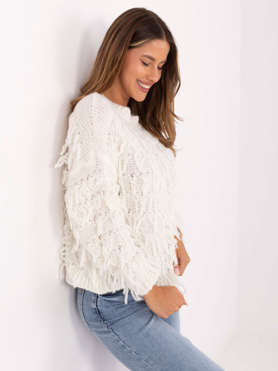 RUE PARIS Ecru damski sweter boho z wełną