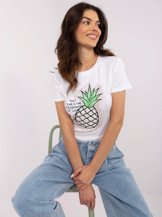 Ecru damski t-shirt z motywem owoców
