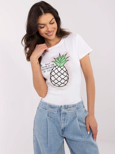 Ecru damski t-shirt z motywem owoców