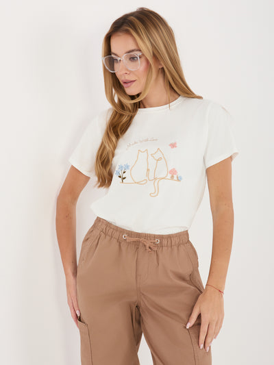 Ecru bawełniany t-shirt z haftem