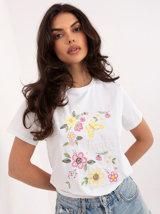 Ecru damski t-shirt z haftem w kwaty
