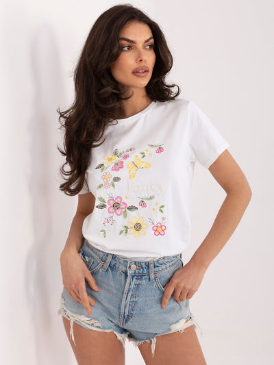 Ecru damski t-shirt z haftem w kwaty