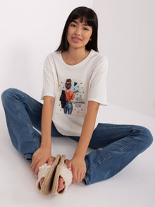 Ecru bawełniany t-shirt z nadrukiem