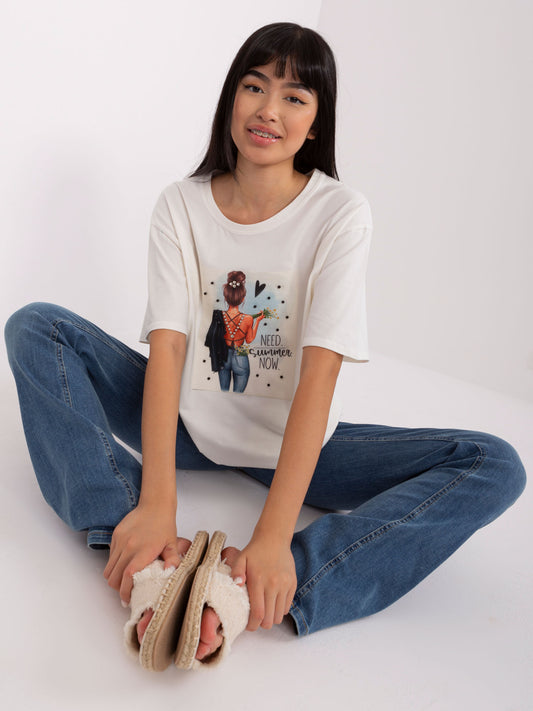 Ecru bawełniany t-shirt z nadrukiem