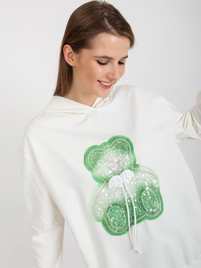 Ecru oversize bluza z kapturem z misiem i aplikacją
