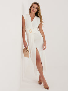 RUE PARIS Ecru elegancka sukienka z drapowaniem